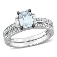 Miaенски Carat Carat T.G.W. Октагон, светло сино сафир и карат Т.В. Паралелен дијамант со багета со дијамант 14KT Бело злато 2-ПЦ Невестински прстен