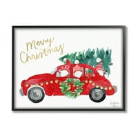 Ступеларска индустрија Санта Гномес Возење Божиќна автомобилска празничка дрво графичка уметност црна врамена уметност wallидна уметност, дизајн од Хедерли Чан