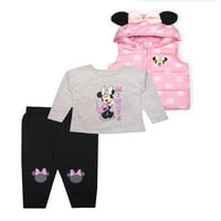 Дизни Мини глушец бебе девојче Пуфер елек, кошула со долг ракав и панталони, сет на облека