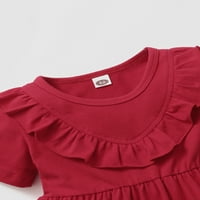 Дете Бебе Девојки Се Облекуваат Прекрасен Фустан Краток Ракав Набразден Слој Фустан Еднобоен Фустан Црвен 18 Месеци
