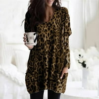 Дасајо Плус Големина Блуза За Жени Леопард Печатење Врвови Обични Долги Ракави Пуловери Со Џебови