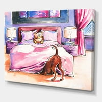 Браун куче што гледа под креветот и мечето за сликање на платно уметничко печатење