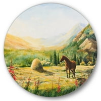 DesignArt 'изгрејсонце во планините со коњи' Фарма куќа метална wallидна уметност - диск од 29