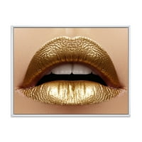 DesignArt „Затвори на женски мавта усни со златен кармин“ модерна врамена платно wallидна уметност печатење