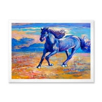 DesignArt 'Апстрактни сини коњи галопирани над фармата на прерии, врамени уметнички принт