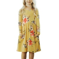 Девојка Макси Фустан Памук Цветни Долги Ракави Фустани Со Џебови, Принцеза Фустани За Девојки 4 Години, Жолта