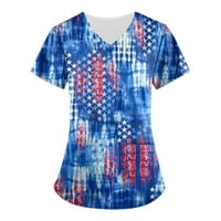 Јубатуо Денот Независноста Жените Блузи Мода V-Вратот Краток Ракав Работна Облека Со Џебови Печатени Врвови Летни Врвови За