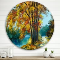 DesignArt 'Апстрактни дрвја во топли есенски бои од светло сина река' Традиционална метална wallидна уметност - диск од 11
