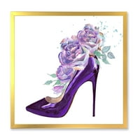 DesignArt 'Пинк Виолетова рози со темно виолетово стилето чевли' Традиционално врамен уметнички принт
