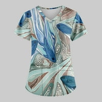 Женски Печатење Краток Ракав V-Вратот Блузи Печати Работен Џеб Блуза